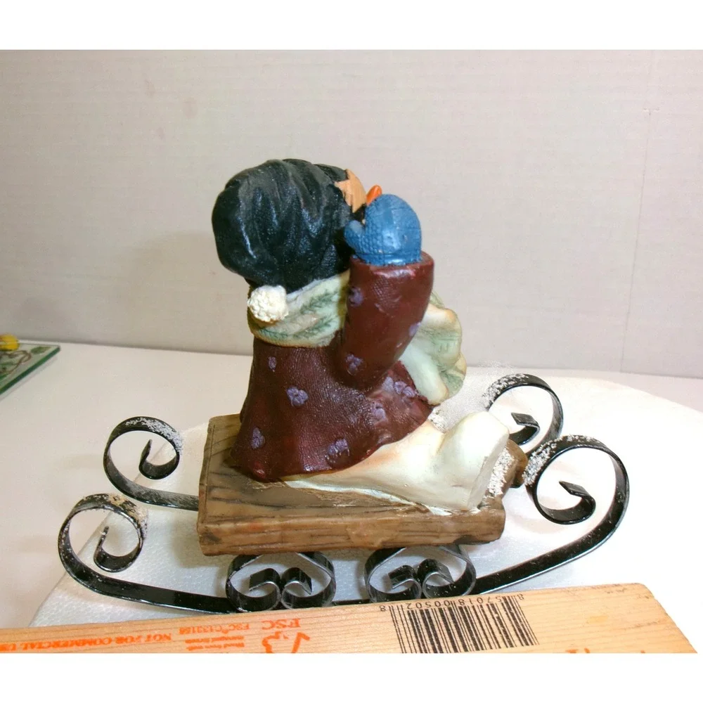 Snowman Set‎ of 3 Figurines Resin with Cherry Pie, Glass & Sledding Vintage